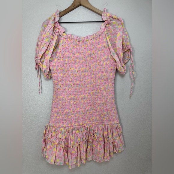 Loveshackfancy Violet Ruffle Mini Dress in Floral Melon Punch size Large $395 - Picture 9 of 16
